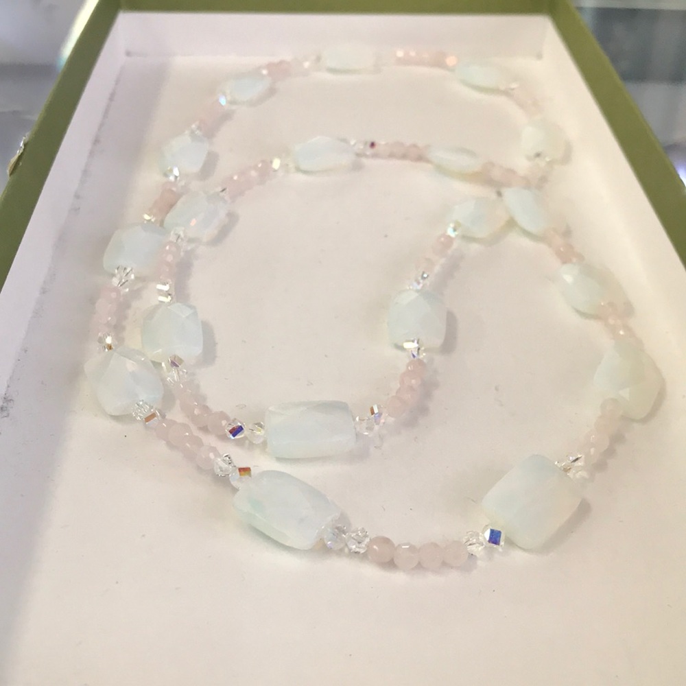 Opal, rose quartz, and Swarovski crystal set